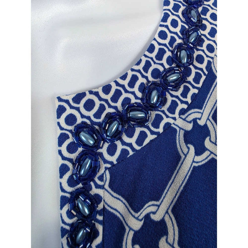 Peck & Peck Women's Size 10 Blue White Geometric Beaded Neckline Tunic Top /B10 - Picture 4 of 9